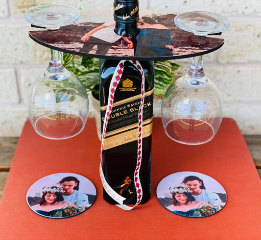 Wine Caddy Bottle and Glass Holder with 2 matching coasters