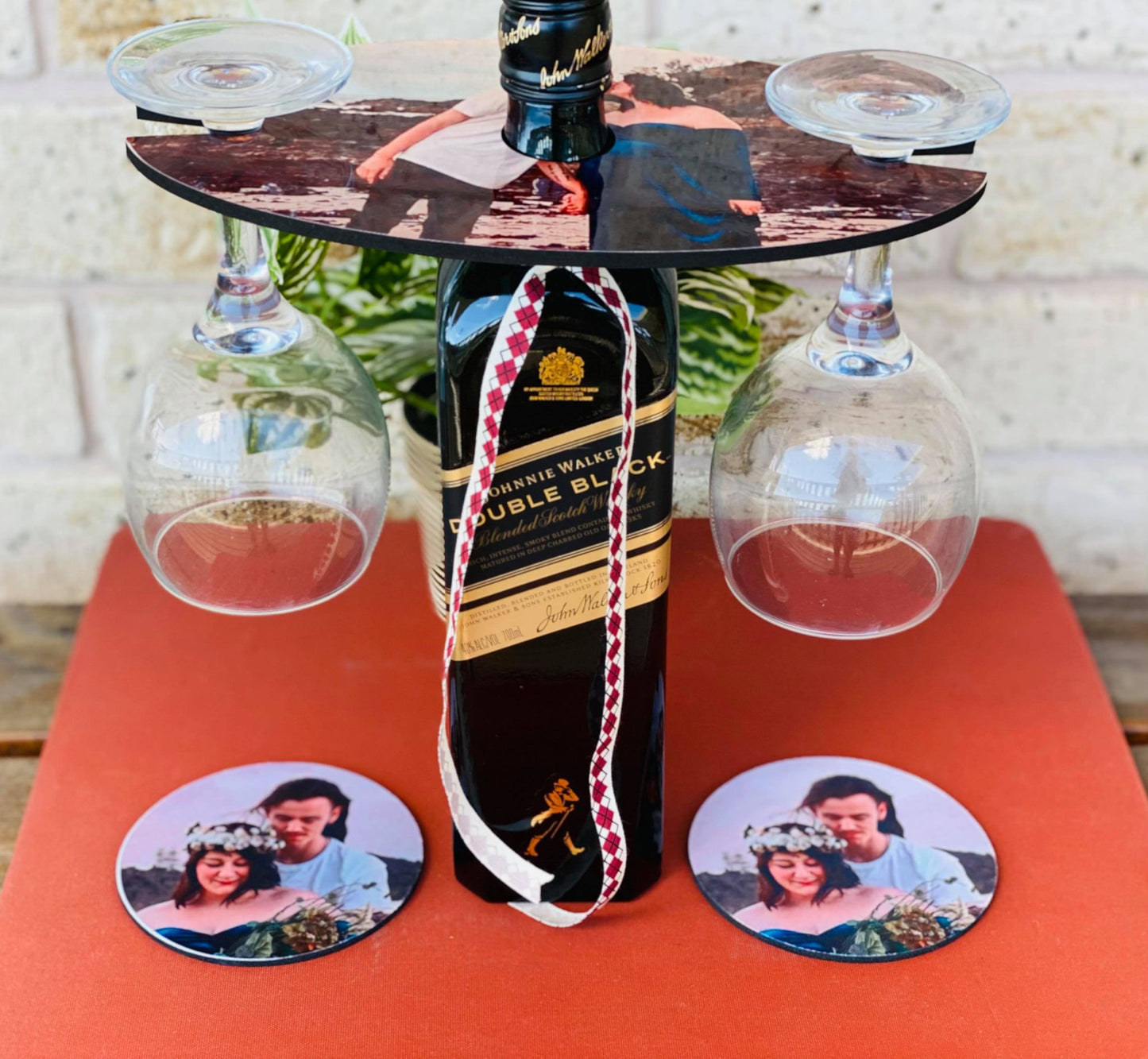 Wine Caddy Bottle and Glass Holder with 2 matching coasters