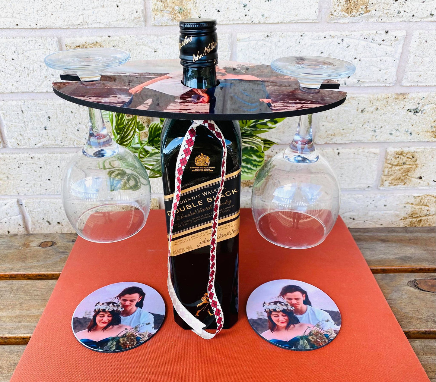 Wine Caddy Bottle and Glass Holder with 2 matching coasters
