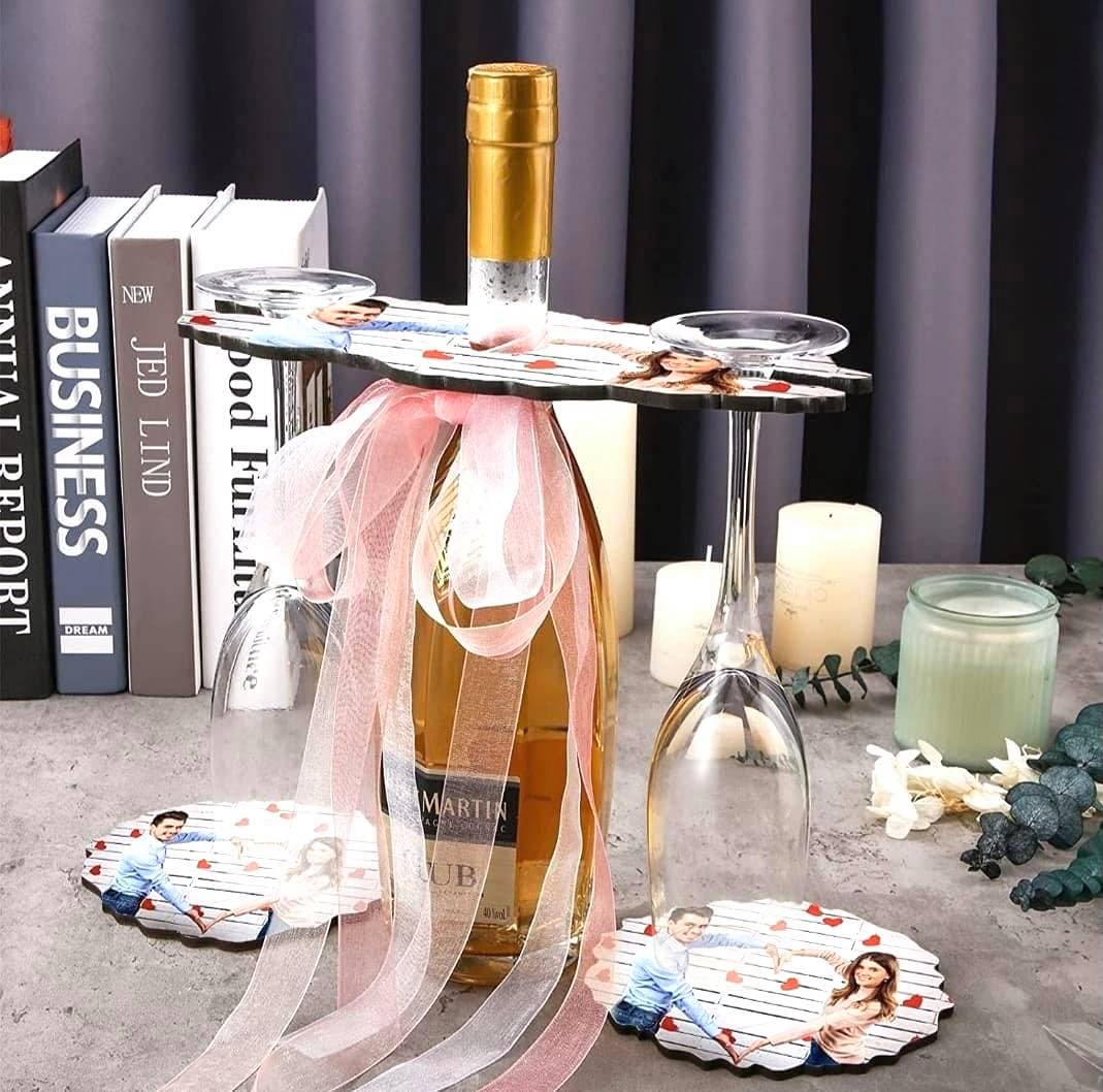 Wine Caddy Bottle and Glass Holder with 2 matching coasters